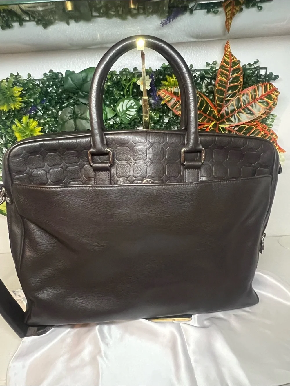 MCM Dark Brown Leather Briefcase with Shoulder Strap